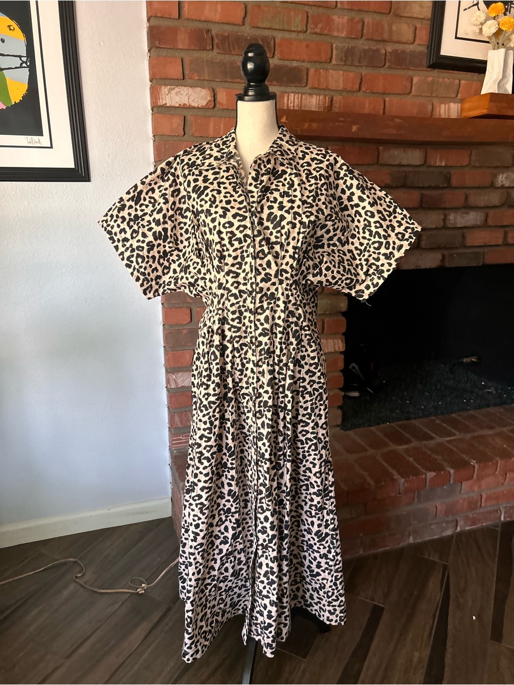 Meadow Rhodes Leopard Print Cotton Maxi Shirt Dress Sz L